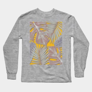 Monstera, Spider Palm, Tropical Leaves, Mustard Yellow and Grey Long Sleeve T-Shirt